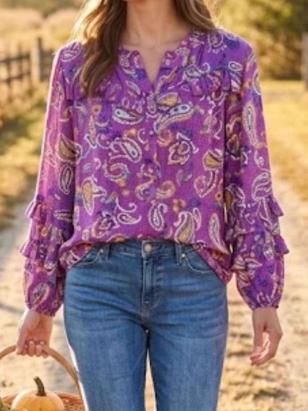 Democracy Purple Paisley Ruffle Button-Front Blouse ptp 22 pretty fall top